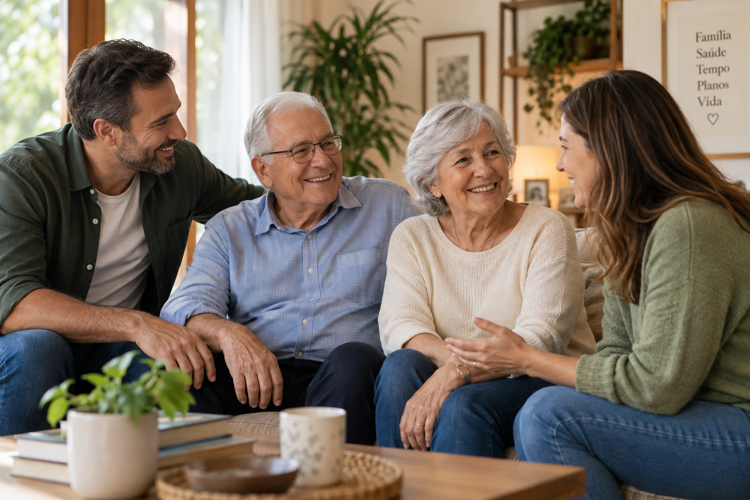 Filhos adultos conversando com seus pais idosos sobre envelhecimento e futuro